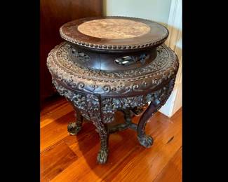 Antique Chinese hand carved rosewood marble topped plant stand or low side table