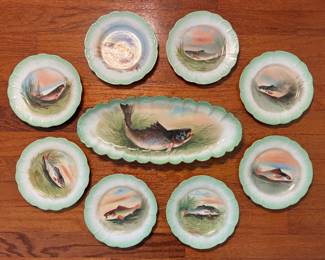 Antique hand painted Limoges Fish Set, 8 plates and 1 platter