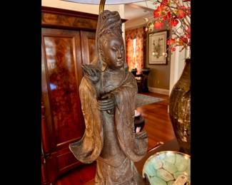 Pair of Antique hand carved wooden Asian sculptures, now turned into lamps