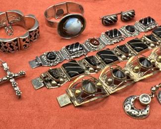 Fabulous vintage MEXICO Sterling, artisan made panel bracelets, cross, earrings, cufflinks. Semi precious stones. 