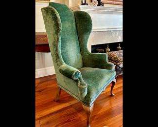 Vintage Henredon Vintage High Back George 1st Style Wingback Chair upholstered with Emerald Green Cotton Cut Velvet