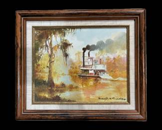 Robert Malcolm Rucker, American, Louisiana, 1932-2001, “Steamboat” original oil on canvas, canvas size 8 high by 10 wide