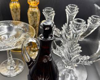 Collectible glass of every era. Here antique Bohemian glass gold candlesticks, cranberry cut to clear cruet, Duncan Miller elegant glass candelabrum, ABP cut glass compote. 