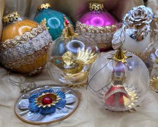 German vintage wire wrapped ornaments, and Resl Lenz MCM glass and foil spinners.  