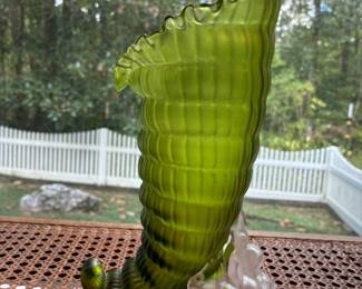 Attributed to Loetz, blown glass cornucopia atop a rocky shore iridescent vase, circa 1900