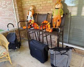 3 barstools, rolling luggage, Fall decorations