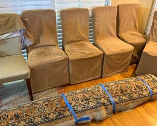 8 x 10 rug & 6 padded dining room chairs with suede seatcovers