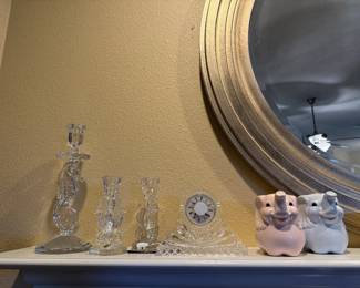Waterford Crystal Seahorse Candlesticks, Elephant Piggybanks, Round Mirror