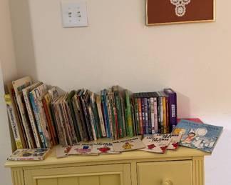 Tons of Children’s Books & Yellow Wooden Cabinet