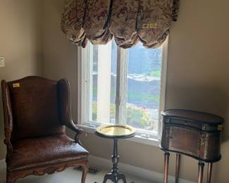 Crocodile embossed chair, Queen Anne cocktail table, Theodore Alexander Kidney Bean side table
