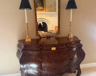 Vintage Bombay Chest Drawer, Mirror, Bass Candlestick Lamps