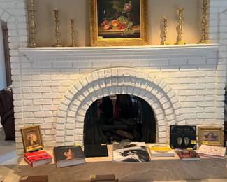 Books, candle stick holders, prints with framing