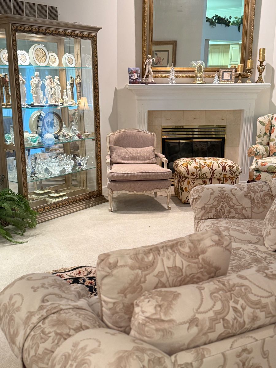 Large glass Curio Cabinets( there are two matching) Overview of living room 