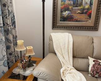 Torchiere lamp, small oak drop leaf end table