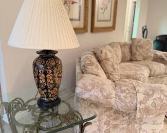 Iron table with glass top, beautiful lamp