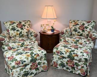 Pair of Gorgeous Granny Core, Grandma core cotton chairs and ottomans