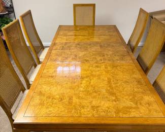 Large rectangular burled walnut table with 8 chairs that are upholstered Vintage 1970-80's