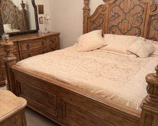 Bernhardt king size bed, one night stand, dresser with mirror, small chest with stone top (Bernhardt is viewed as a high-quality, mid-to-high-tier brand, though secondary market values depend heavily on the piece, condition, and venue
