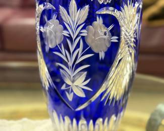 Gorgeous large Cut Cobalt Bohemian Glass Vase