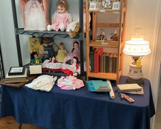 Madame Alexander dolls, puppet, vintage books, lamp, etc.