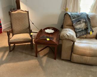 Butlers drop leaf table, local year book & milkglass pedestal dish