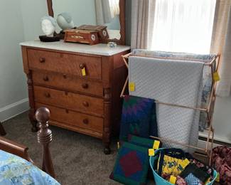 Victoria tiger maple dresser, linens, etc.