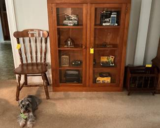 Wood side chair, Vintage pine 2 door cabinet, safe deposit box bank, cameras, LEGO buildings, etc.