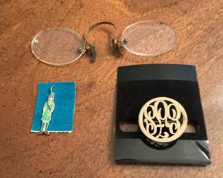 C1880’s -1920’s spectacles, monogram round pin GF & sterling Girl Scout charm