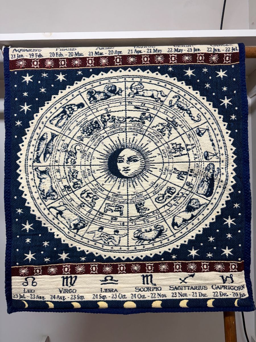 Celestial zodiac tapestry with sun face and astrological signs on navy
