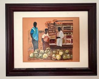 Large framed print of market vendors in dark wood frame