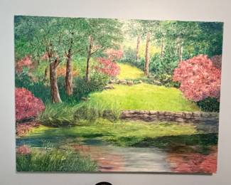 Large landscape painting on canvas with flowering trees and stream