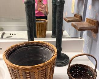 Tall iron candle holders and woven basket set