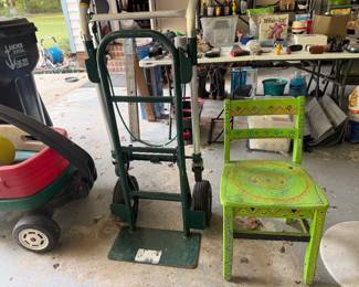 Hand truck dolly, childs wagon and green painted chair