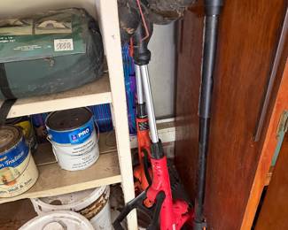 Paint cans with electric string trimmer and shop fan