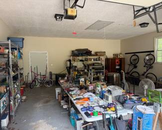 Garage work area with tables of tools and supplies