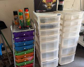 Rolling craft storage drawers and plastic organizer bins