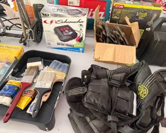 Schumacher battery charger, paint brushes and tool belts