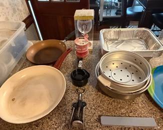 Copper pan, steamer inserts, oval platter and wine opener