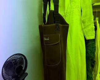 Green formal dresses with garment bag and clip fan