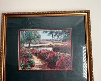 Framed garden path landscape print in gilt and green frame