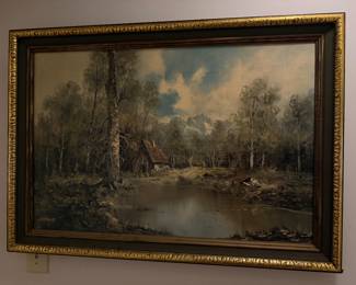 Large framed landscape oil painting in ornate gilt frame
