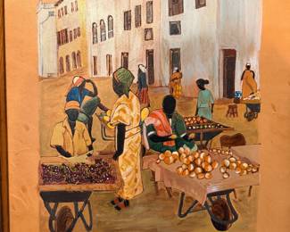 Framed folk art painting of an outdoor market scene