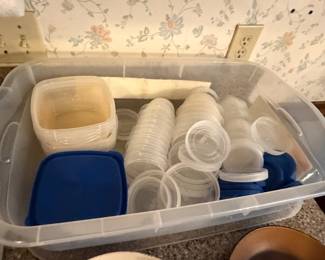 Storage bin full of plastic food containers with lids