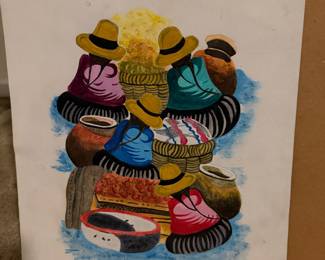 Folk art painting of stacked faces in colorful hats
