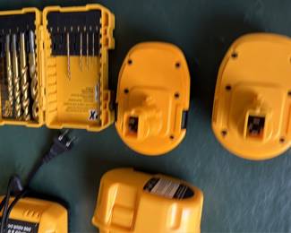 Masonry drill bit set with DeWalt batteries and charger