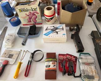 Hand tools, clamps, drill bits and hobby drone