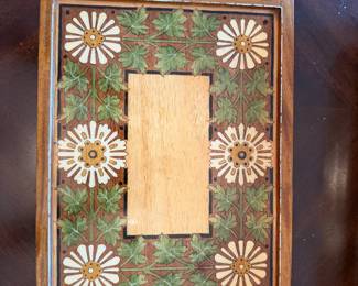 Wood serving tray with green and white daisy tile inlay
