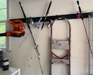 Fishing rods, folding step stool and electric leaf blower