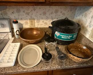 Copper bowl, Rival Crock Pot slow cooker and measuring cups