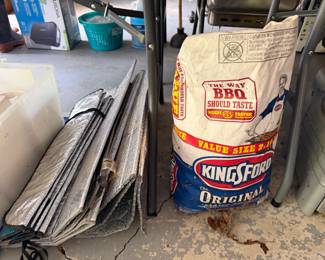 Kingsford charcoal, folding table and window screens